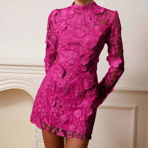 Hot Pink Elegant Women's Long Sleeve Floral Embroidered Party Dress - Picture 4 of 6
